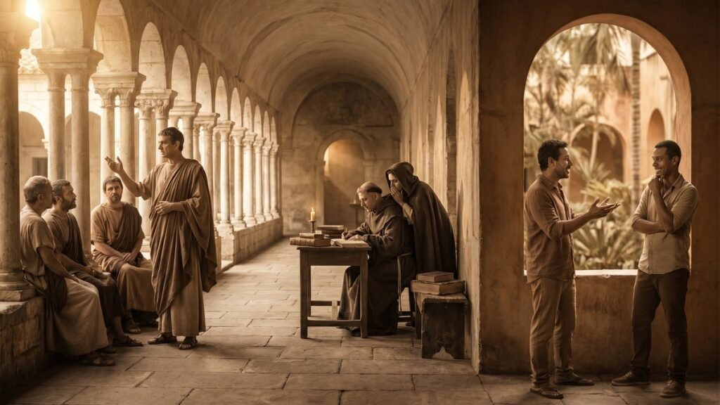 Panorâmica editorial sobre a origem da palavra mentira com três cenas humanas o orador romano o monge medieval e os amigos brasileiros em conversa
