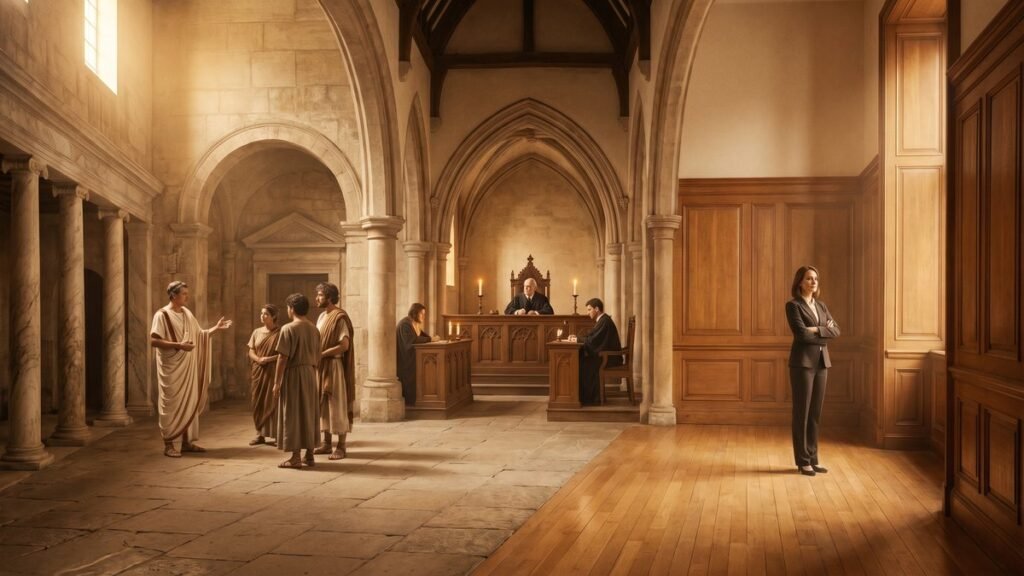 Panorâmica editorial sobre a origem da palavra justiça com três cenas humanas o sacerdote romano pronunciando fórmula sagrada no fórum o juiz medieval em tribunal austero e a advogada brasileira com postura de autoridade calma