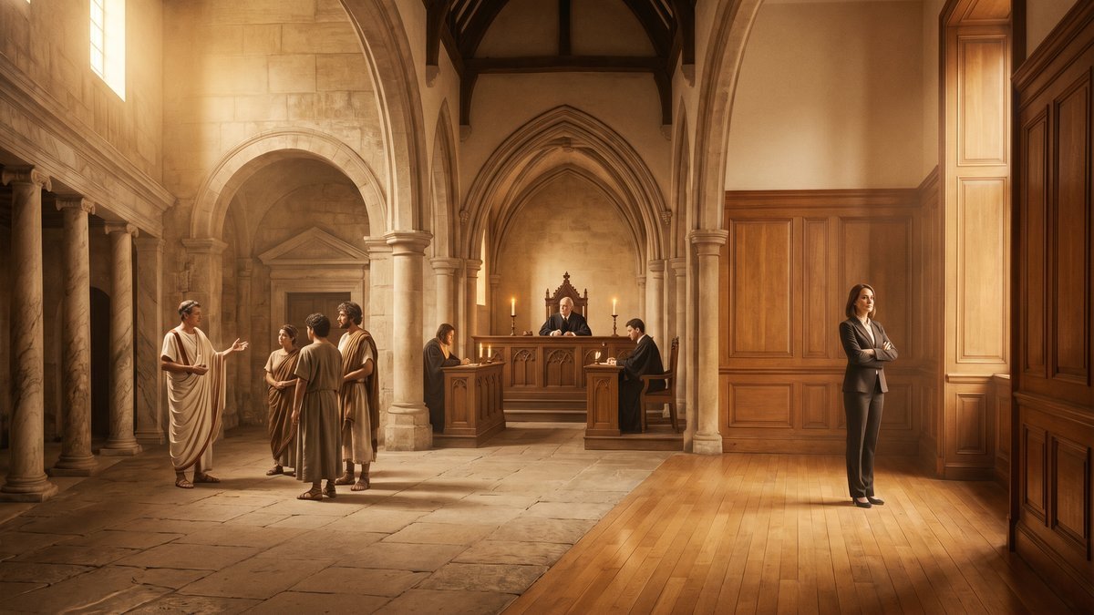 Panorâmica editorial sobre a origem da palavra justiça com três cenas humanas o sacerdote romano pronunciando fórmula sagrada no fórum o juiz medieval em tribunal austero e a advogada brasileira com postura de autoridade calma