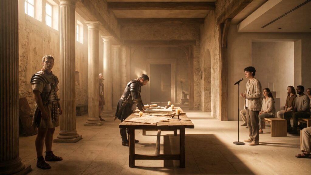 Panorâmica editorial sobre a origem da palavra coragem com três cenas humanas: soldado romano, cavaleiro medieval e jovem contemporâneo brasileiro
