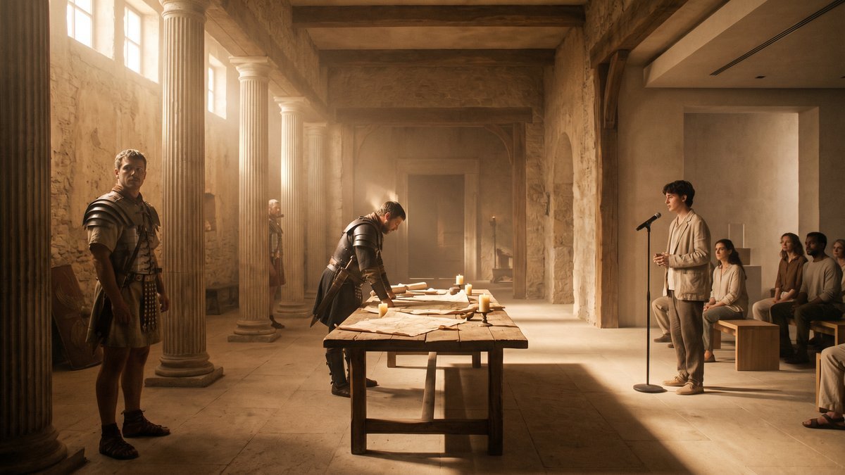 Panorâmica editorial sobre a origem da palavra coragem com três cenas humanas: soldado romano, cavaleiro medieval e jovem contemporâneo brasileiro