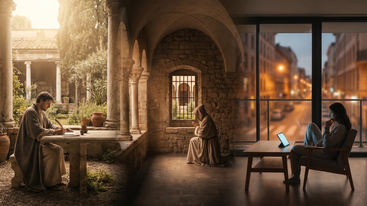 Panorâmica editorial sobre a origem da palavra solidão, da contemplação filosófica romana ao isolamento urbano contemporâneo