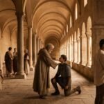 Panorâmica editorial sobre a origem da palavra honra com três cenas humanas o magistrado romano reconhecido no fórum o cavaleiro medieval sendo armado cavaleiro e dois brasileiros selando palavra de honra