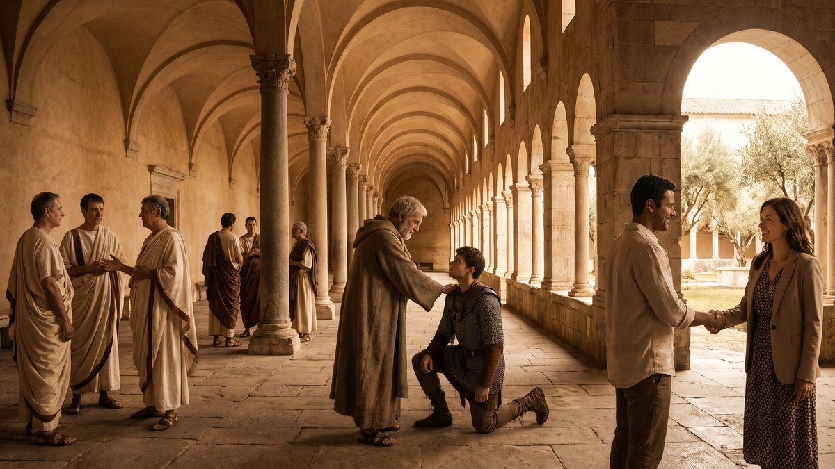 Panorâmica editorial sobre a origem da palavra honra com três cenas humanas o magistrado romano reconhecido no fórum o cavaleiro medieval sendo armado cavaleiro e dois brasileiros selando palavra de honra