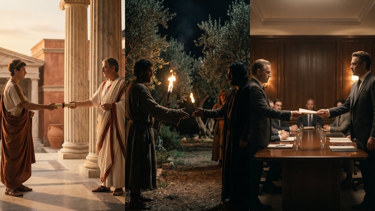 Panorâmica editorial sobre a origem da palavra traição, do TRADERE romano honrado ao beijo de Judas à extradição jurídica contemporânea