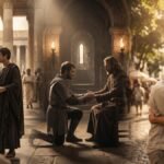 Panorâmica editorial sobre a origem da palavra lealdade com três cenas humanas dois cidadãos romanos selando acordo com aperto de mãos o cavaleiro medieval prestando juramento feudal e dois amigos brasileiros em abraço caloroso