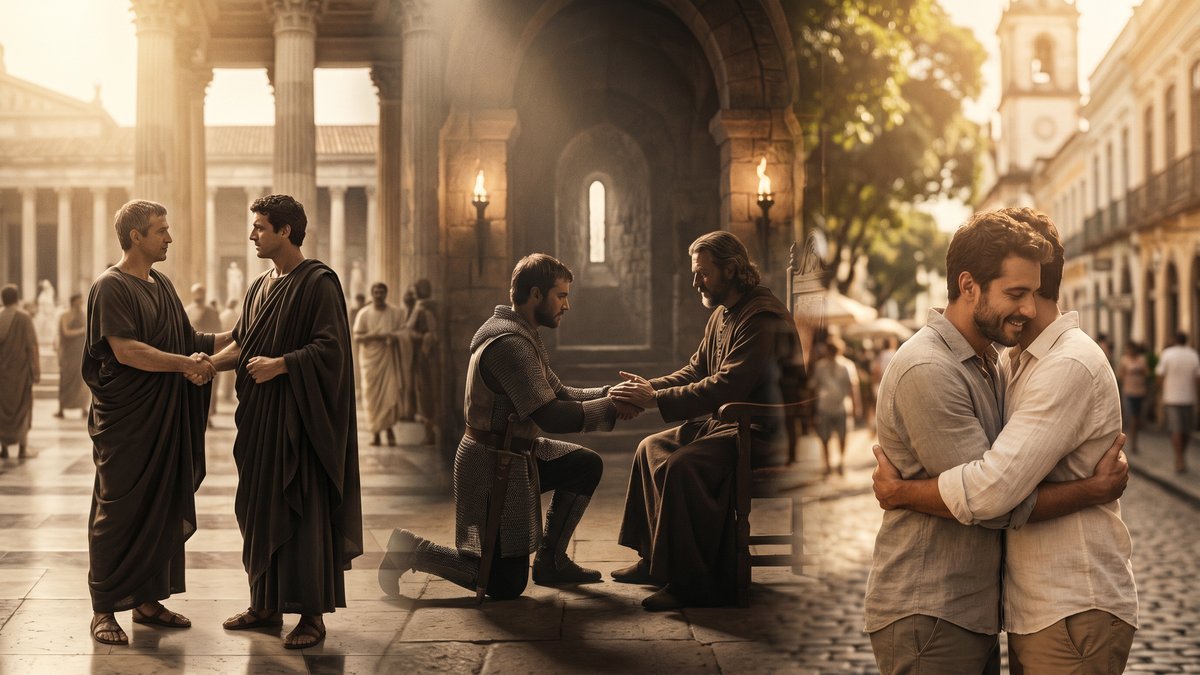 Panorâmica editorial sobre a origem da palavra lealdade com três cenas humanas dois cidadãos romanos selando acordo com aperto de mãos o cavaleiro medieval prestando juramento feudal e dois amigos brasileiros em abraço caloroso