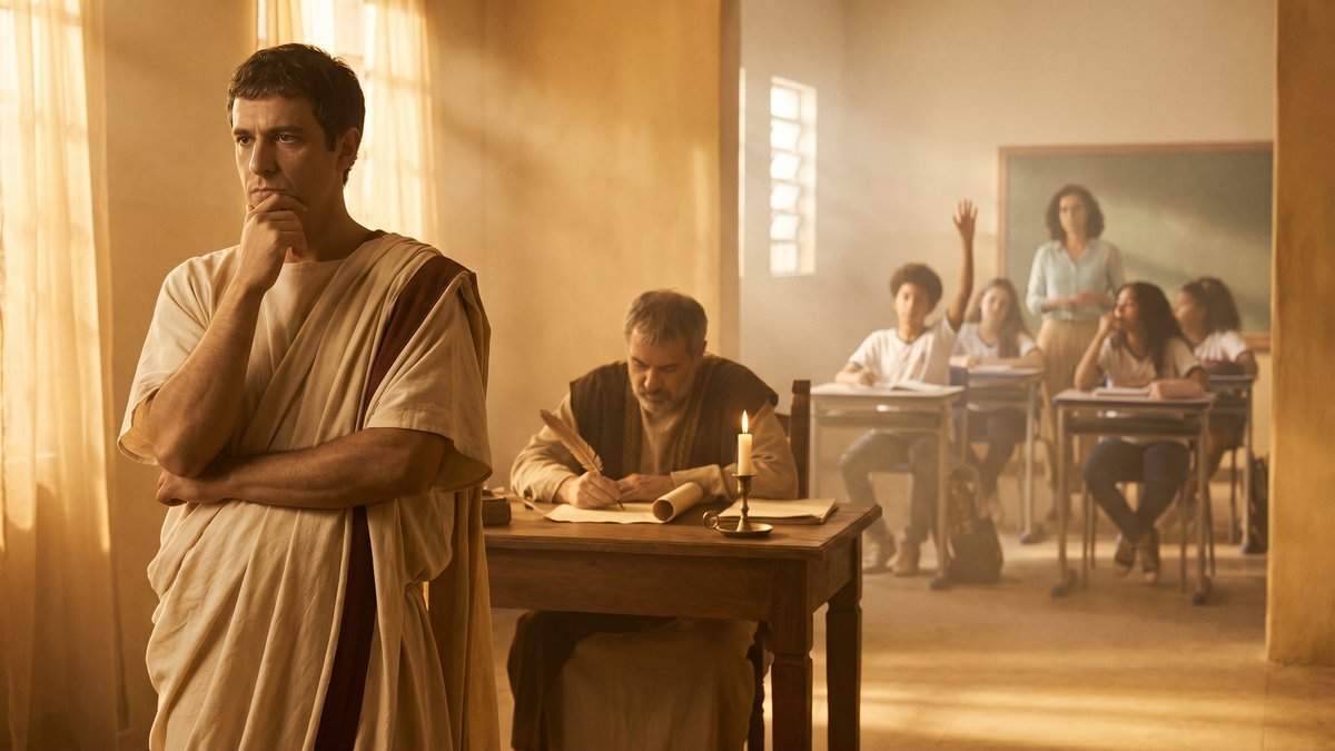 Panorâmica editorial sobre a origem da palavra dúvida com três cenas humanas o viajante romano na encruzilhada o filósofo do século XVII em meditação profunda e o estudante brasileiro levantando a mão com clareza