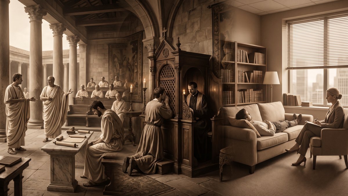 Panorâmica editorial sobre a origem da palavra culpa, do tribunal romano ao confessionário medieval à sessão de terapia contemporânea