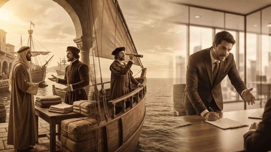 Panorâmica editorial sobre a origem da palavra risco com três cenas humanas mercador árabe e veneziano negociando no porto medieval navegador português na proa da caravela olhando o horizonte e empreendedor brasileiro assinando contrato