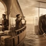 Panorâmica editorial sobre a origem da palavra risco com três cenas humanas mercador árabe e veneziano negociando no porto medieval navegador português na proa da caravela olhando o horizonte e empreendedor brasileiro assinando contrato