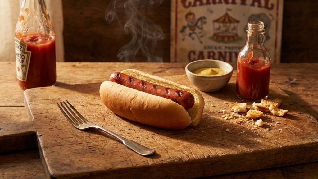 cachorro-quente ou hot dog — díptico sépia com hot dog americano de Coney Island e cachorro-quente carioca com molho e batata palha — Palavras com História