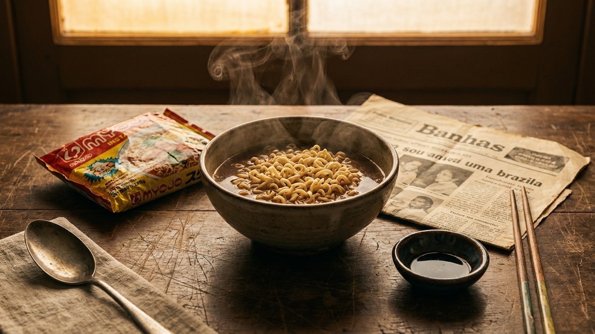 miojo ou macarrão instantâneo — colagem temática sépia com embalagem Myojo, Momofuku Ando e consumidor brasileiro — Palavras com História