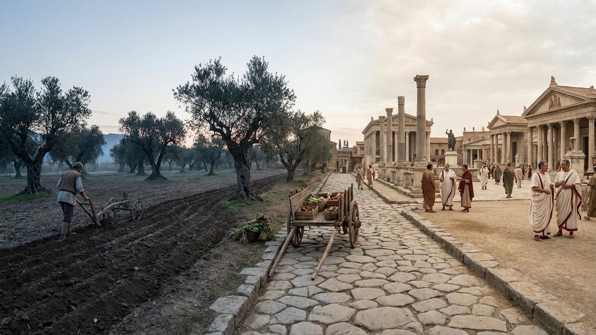 Diferença entre cultura e civilização: triptych histórico com campo romano (colere, cultura animi), cidade grega-romana (civitas) e metrópole contemporânea multicultural.