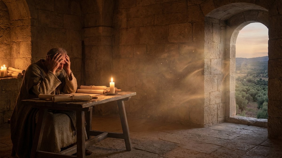 Diferença entre alma e espírito: filósofo grego em contemplação interior (psyche) e figura recebendo o sopro divino animador (spiritus) em scriptorium medieval sépia