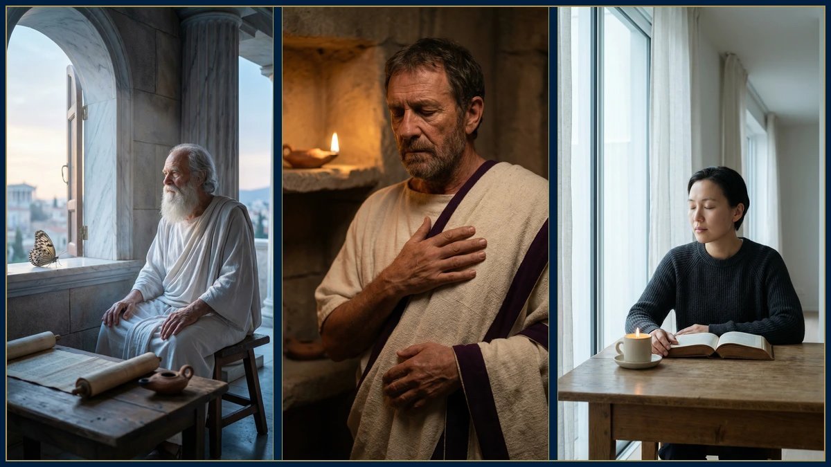 Diferença entre alma e espírito: triptych histórico com psyche grega (borboleta), spiritus latino (sopro/hálito) e representação contemporânea dos dois conceitos.