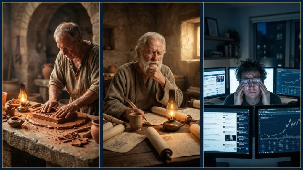 Diferença entre conhecimento e informação: triptych com molde romano (in-formare), filósofo grego contemplando (co-gnoscere) e pessoa em overload digital moderno.