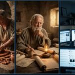 Diferença entre conhecimento e informação: triptych com molde romano (in-formare), filósofo grego contemplando (co-gnoscere) e pessoa em overload digital moderno.