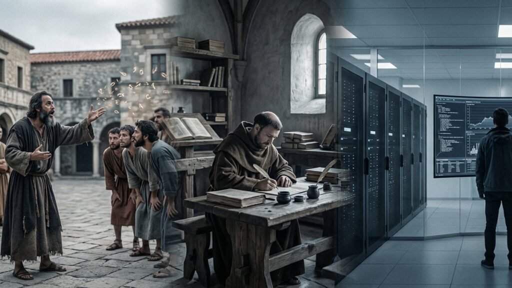 Diferença entre palavra e vocábulo: triptych com parabolē grega (lançar ao lado), vocare romano (chamar pelo nome) e dicionário moderno mostrando lemas e formas.