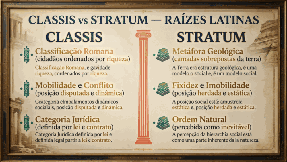 Infográfico comparativo da diferença entre classe e estrato social mostrando raízes latinas classis e stratum em duas colunas
