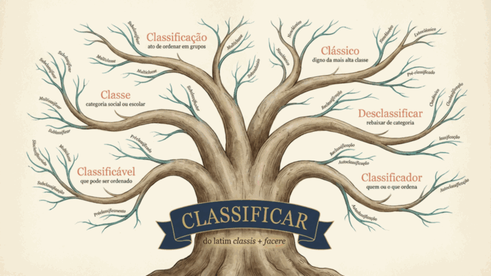 Árvore etimológica da diferença entre classe e estrato social mostrando raiz classificar e seis palavras derivadas