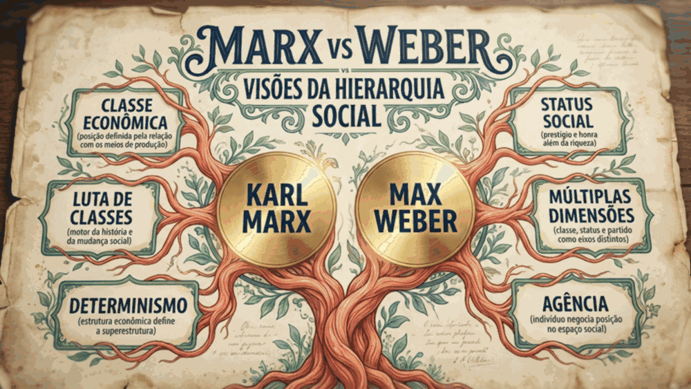 Mapa conceitual da diferença entre classe e estrato social comparando visões de Marx e Weber sobre hierarquia