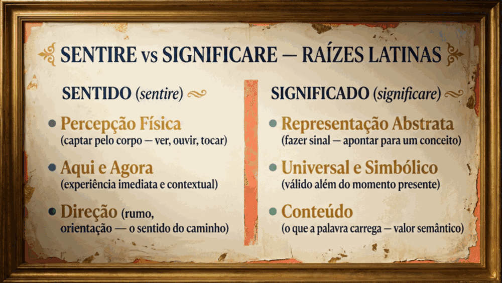 Infográfico comparativo da diferença entre sentido e significado mostrando raízes latinas sentire e significare em duas colunas