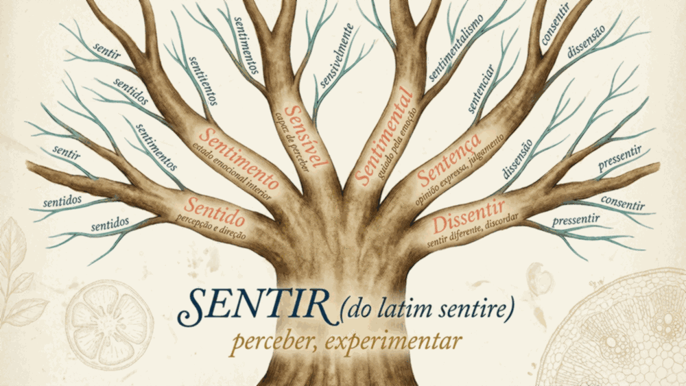 Árvore etimológica da diferença entre sentido e significado mostrando raiz sentir e seis palavras derivadas