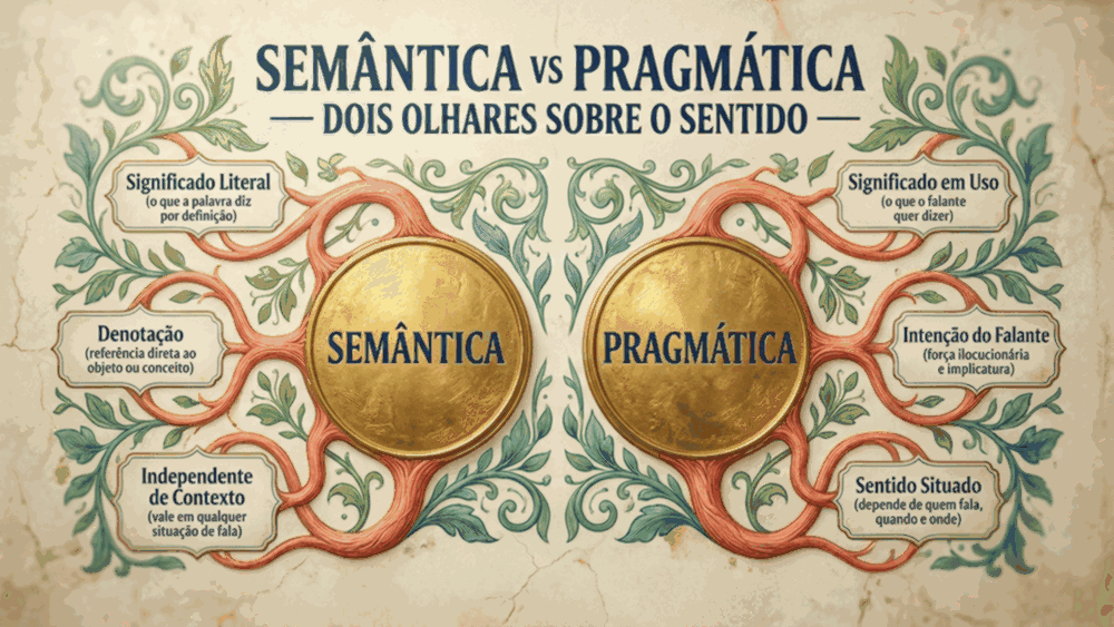 Mapa conceitual da diferença entre sentido e significado comparando abordagens da semântica e da pragmática