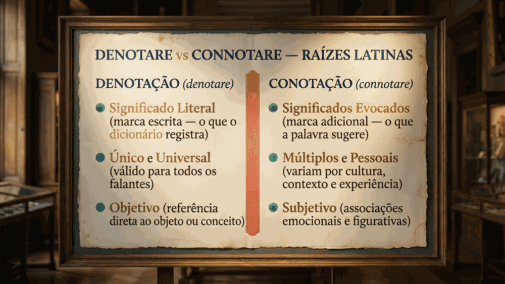 Infográfico comparativo da diferença entre denotação e conotação mostrando raízes latinas denotare e connotare em duas colunas