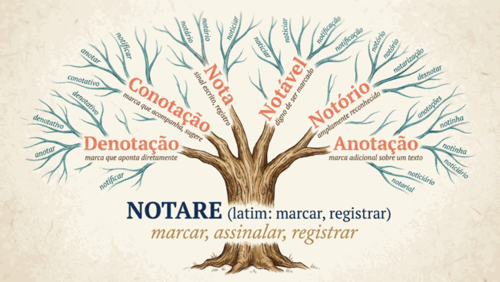 Árvore etimológica da diferença entre denotação e conotação mostrando raiz latina notare e seis palavras derivadas