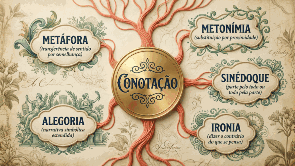 Mapa conceitual da diferença entre denotação e conotação mostrando cinco figuras de linguagem ligadas à conotação