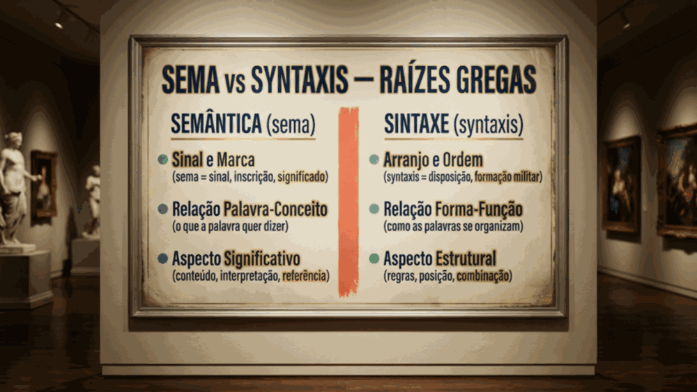 Infográfico comparativo da diferença entre semântica e sintaxe mostrando raízes gregas sema e syntaxis em duas colunas