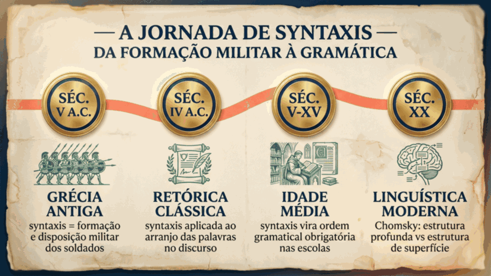 Timeline da diferença entre semântica e sintaxe mostrando evolução de syntaxis da Grécia Antiga à linguística moderna