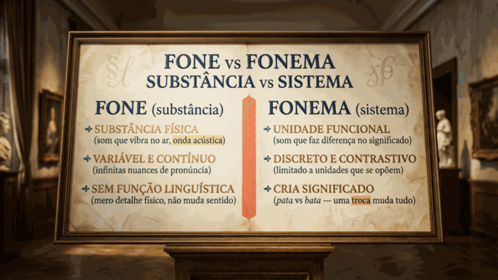 Infográfico comparativo da diferença entre fonética e fonologia mostrando fone e fonema em duas colunas contrastantes
