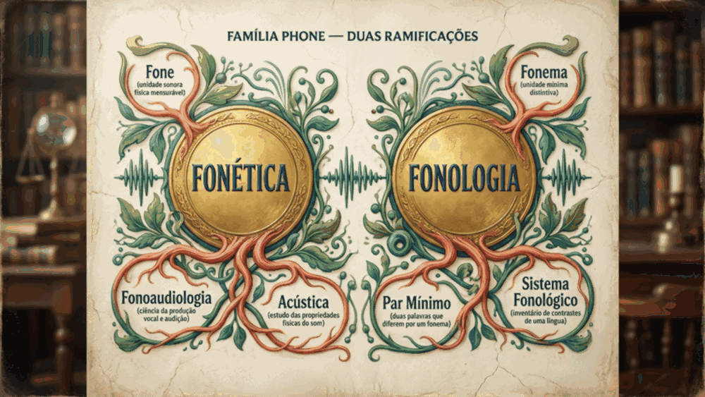 Mapa conceitual da diferença entre fonética e fonologia mostrando duas famílias derivadas de phone com conceitos-chave