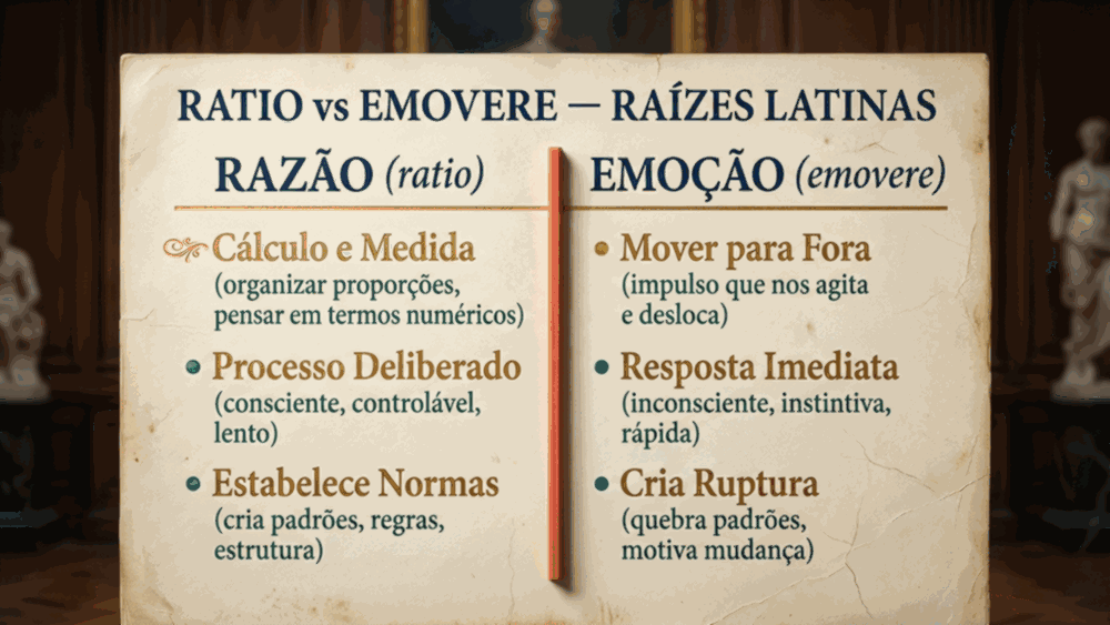 Infográfico comparativo da diferença entre razão e emoção mostrando raízes latinas ratio e emovere em duas colunas