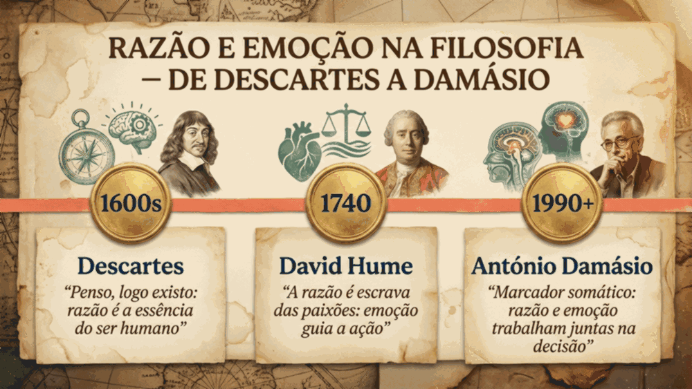 Timeline da diferença entre razão e emoção de Descartes a Damásio em três marcos filosóficos e neurocientíficos