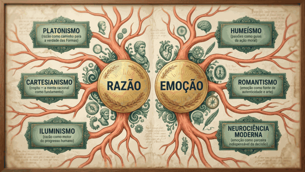Mapa conceitual da diferença entre razão e emoção mostrando três escolas filosóficas ligadas a cada conceito