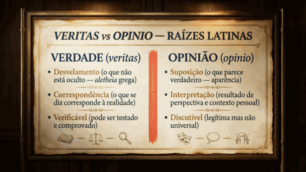 Infográfico comparativo da diferença entre verdade e opinião mostrando raízes latinas veritas e opinio em duas colunas