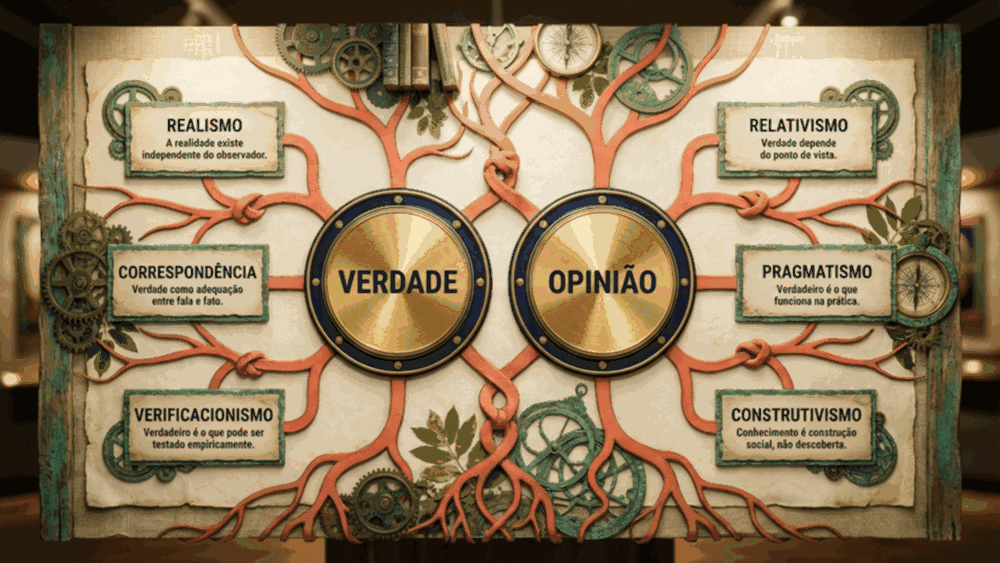 Mapa conceitual da diferença entre verdade e opinião mostrando três posições epistemológicas ligadas a cada conceito