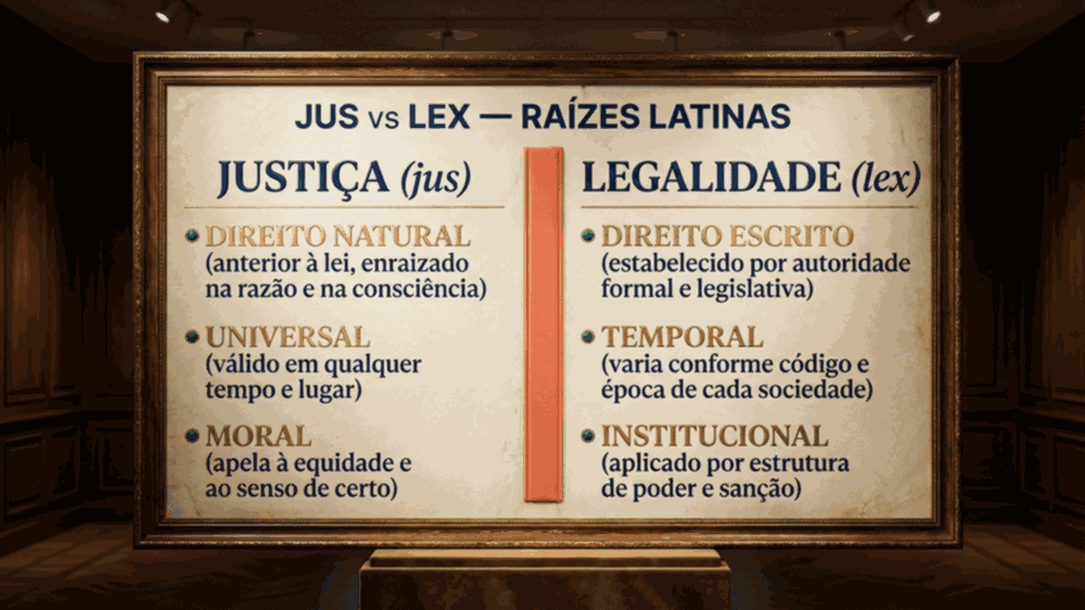 Infográfico comparativo da diferença entre justiça e legalidade mostrando raízes latinas jus e lex em duas colunas
