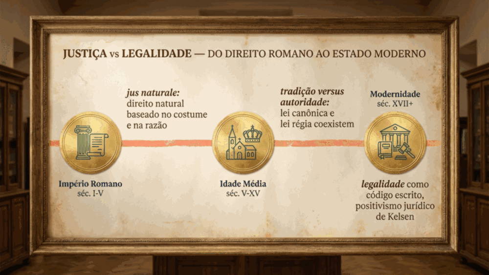 Timeline da diferença entre justiça e legalidade do Império Romano à modernidade em três marcos históricos