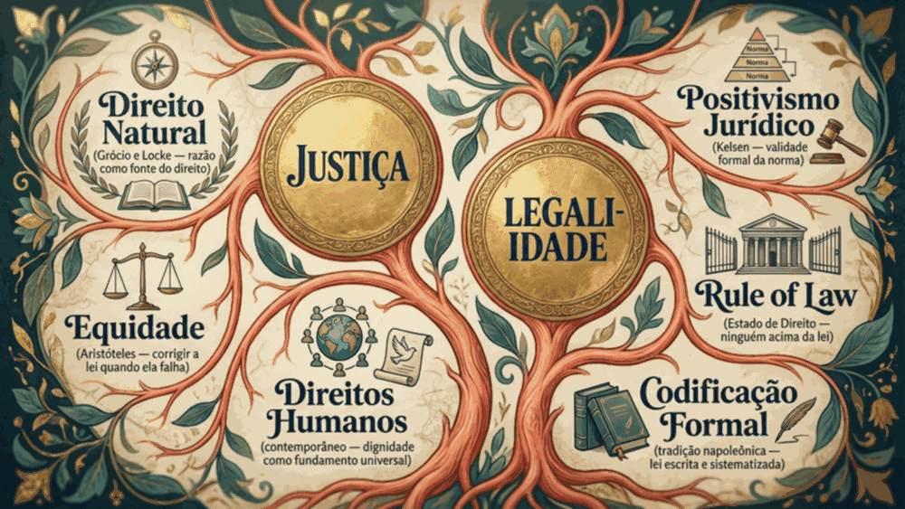 Mapa conceitual da diferença entre justiça e legalidade mostrando três tradições ligadas a cada conceito