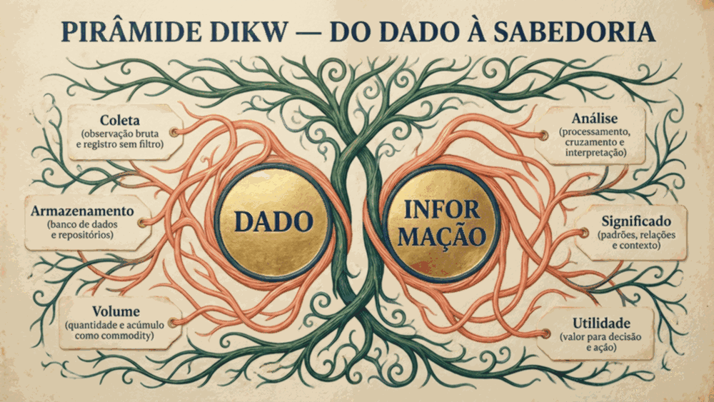 Mapa conceitual da diferença entre dado e informação mostrando conceitos-chave da pirâmide DIKW em duas ramificações