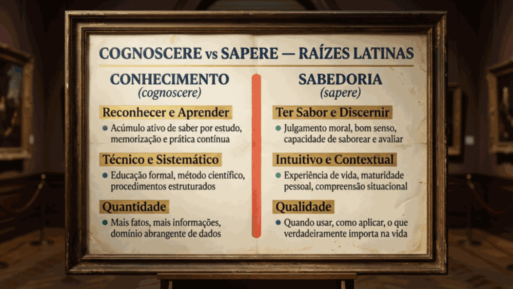 Infográfico comparativo da diferença entre conhecimento e sabedoria mostrando raízes latinas cognoscere e sapere em duas colunas