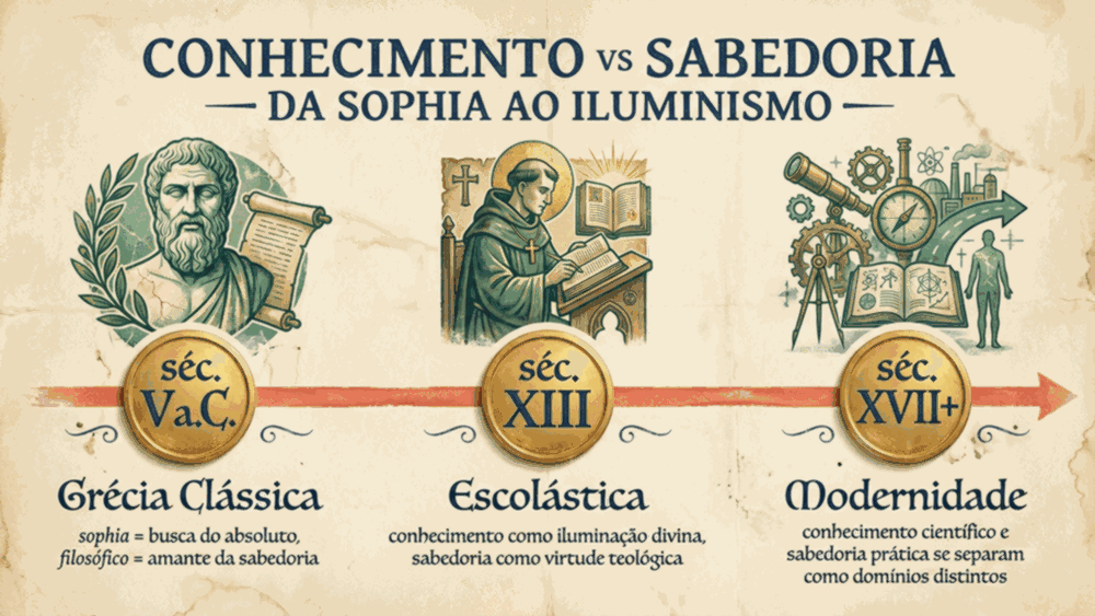 Timeline da diferença entre conhecimento e sabedoria da Grécia Clássica à modernidade em três marcos filosóficos