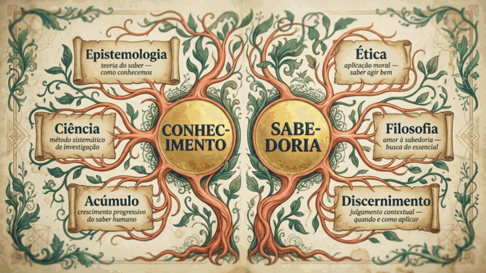 Mapa conceitual da diferença entre conhecimento e sabedoria mostrando três escolas filosóficas ligadas a cada conceito
