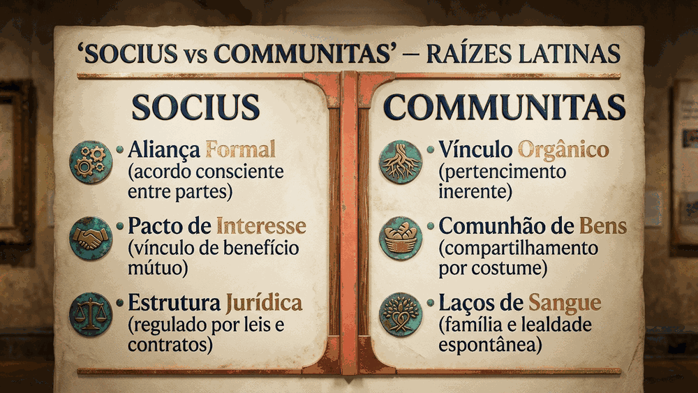 Infográfico comparativo da diferença entre sociedade e comunidade mostrando raízes latinas socius e communitas em duas colunas