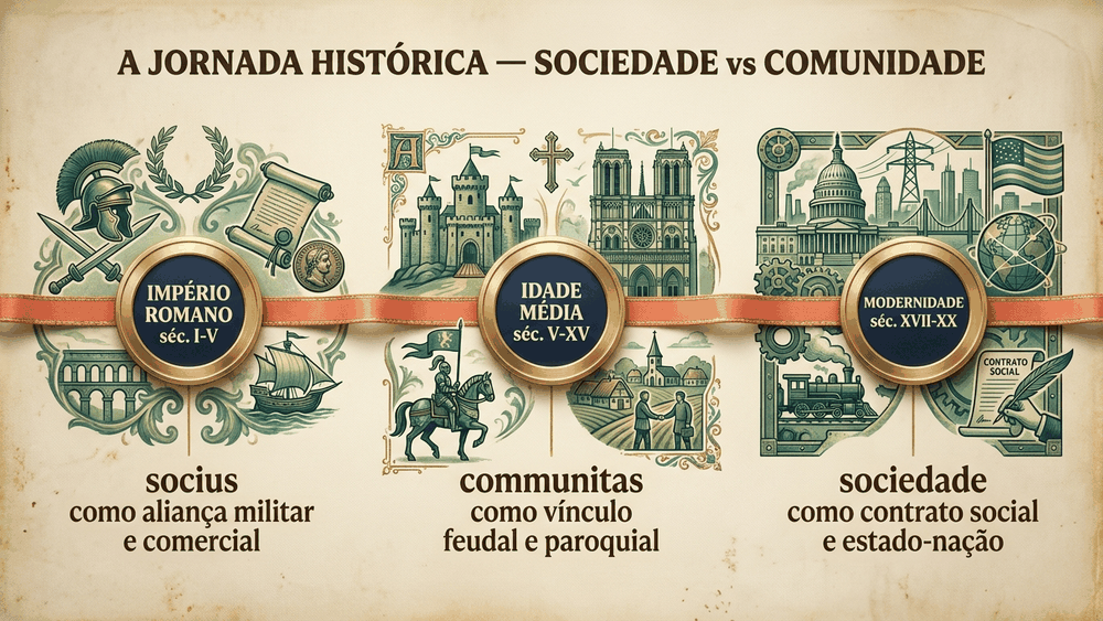 Timeline da diferença entre sociedade e comunidade do Império Romano à modernidade em três marcos históricos